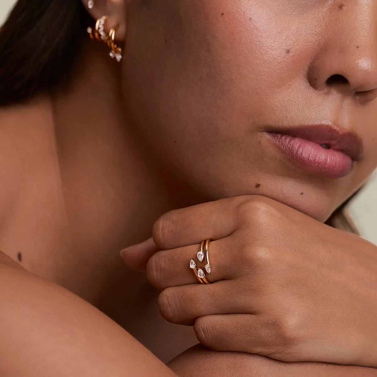 Crystal Pear Open Ring in Gold