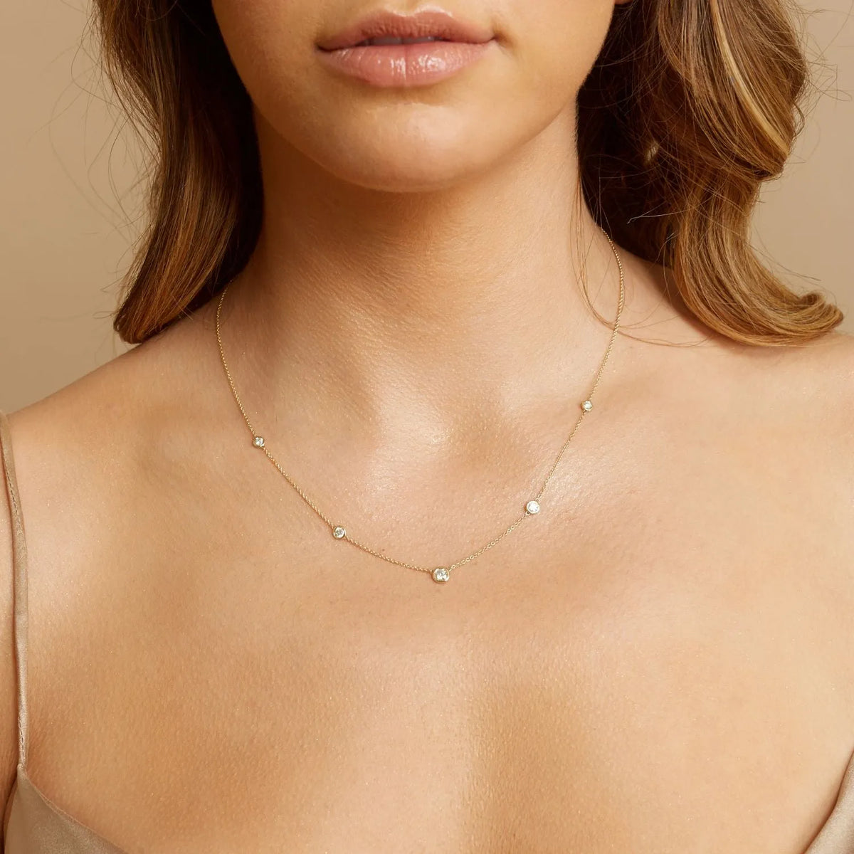 Diamond Bezel Strand Necklace in 14K Gold