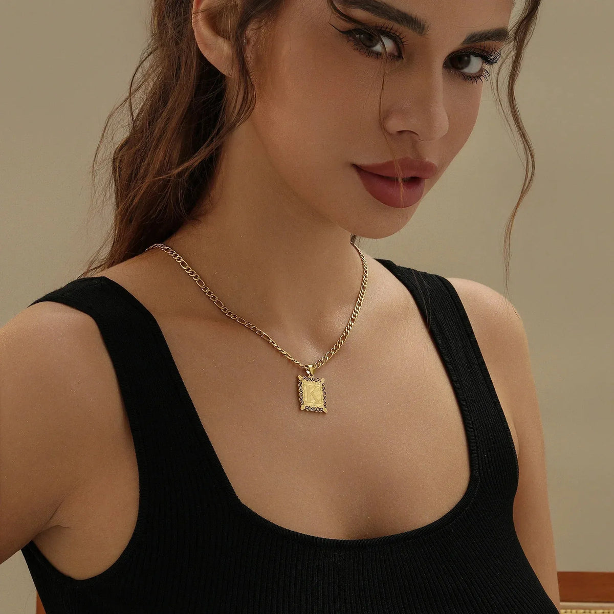 Embossed Initial Figaro Chain Necklace