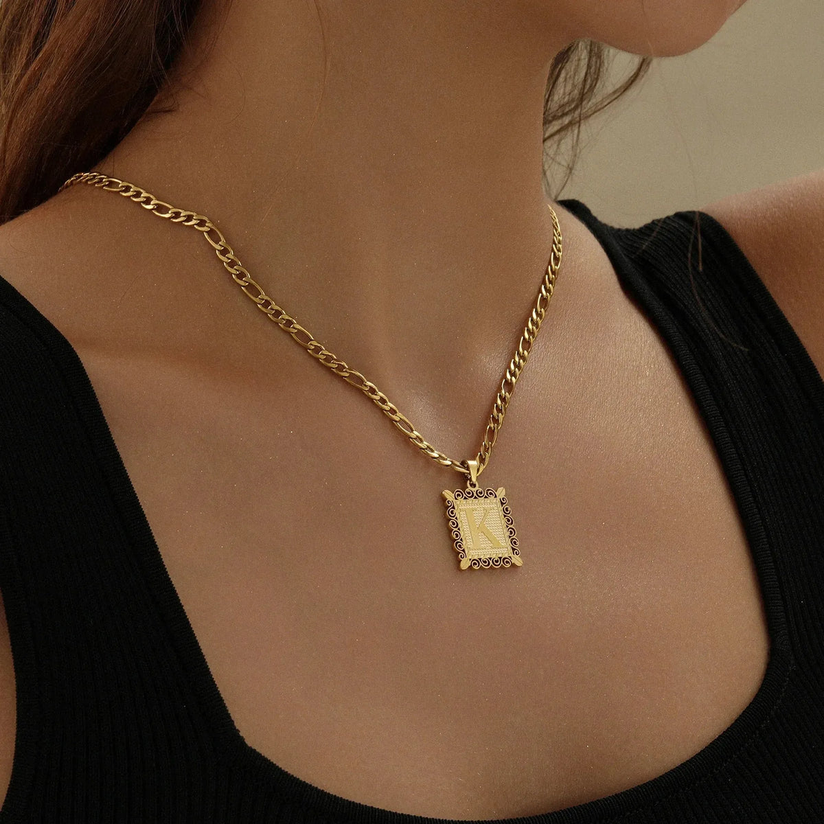 Embossed Initial Figaro Chain Necklace