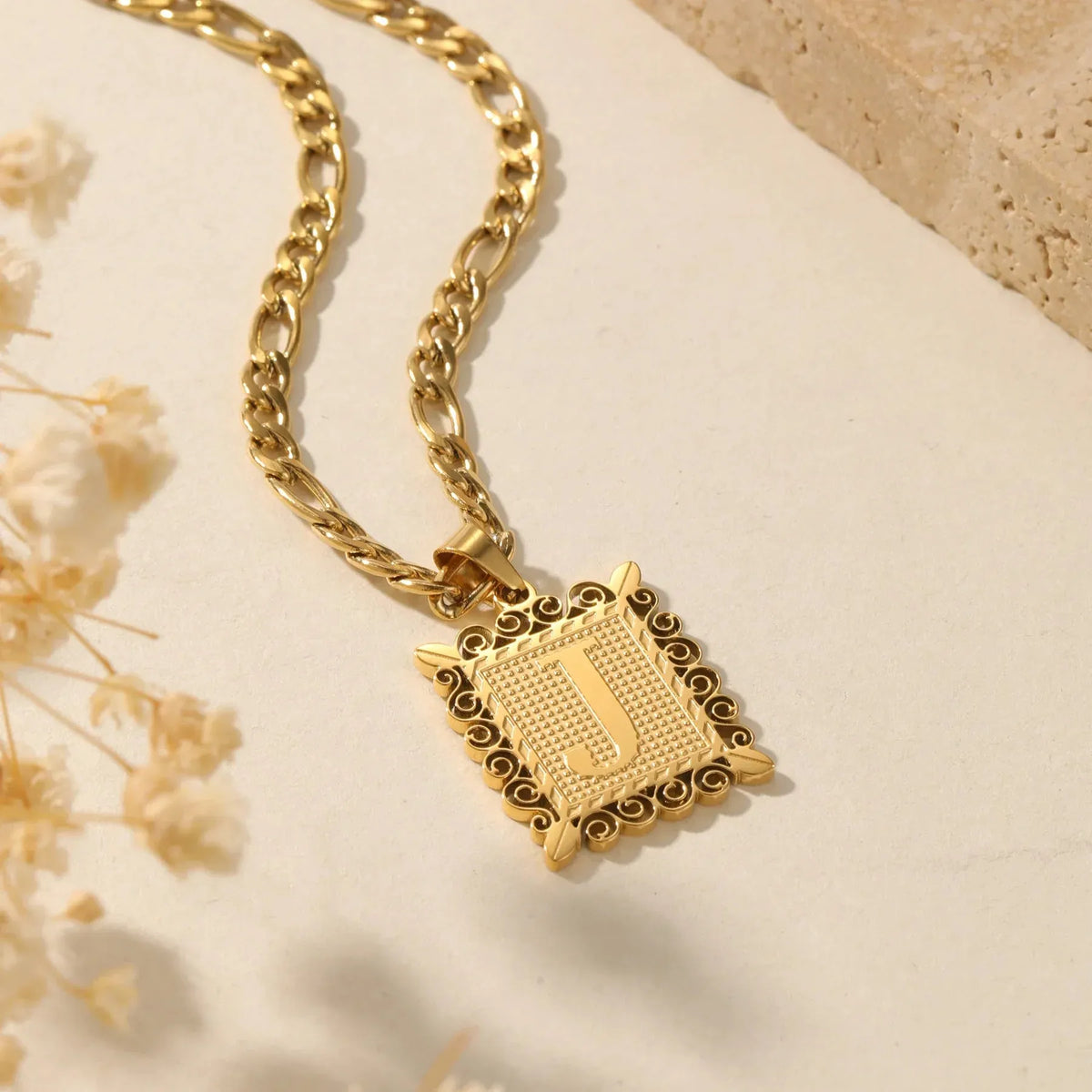 Embossed Initial Figaro Chain Necklace