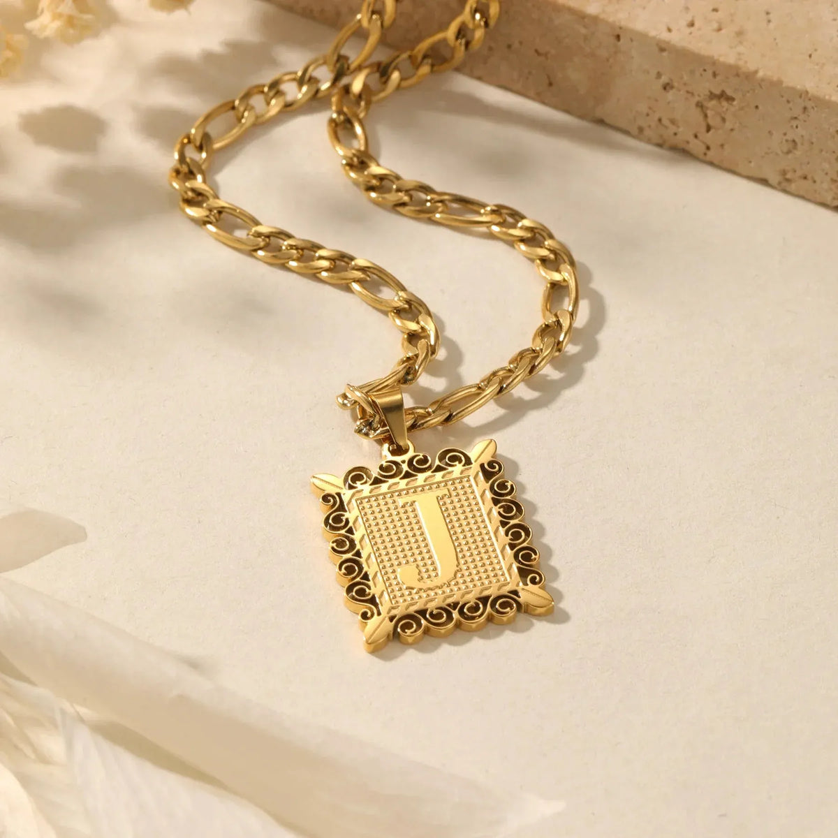 Embossed Initial Figaro Chain Necklace