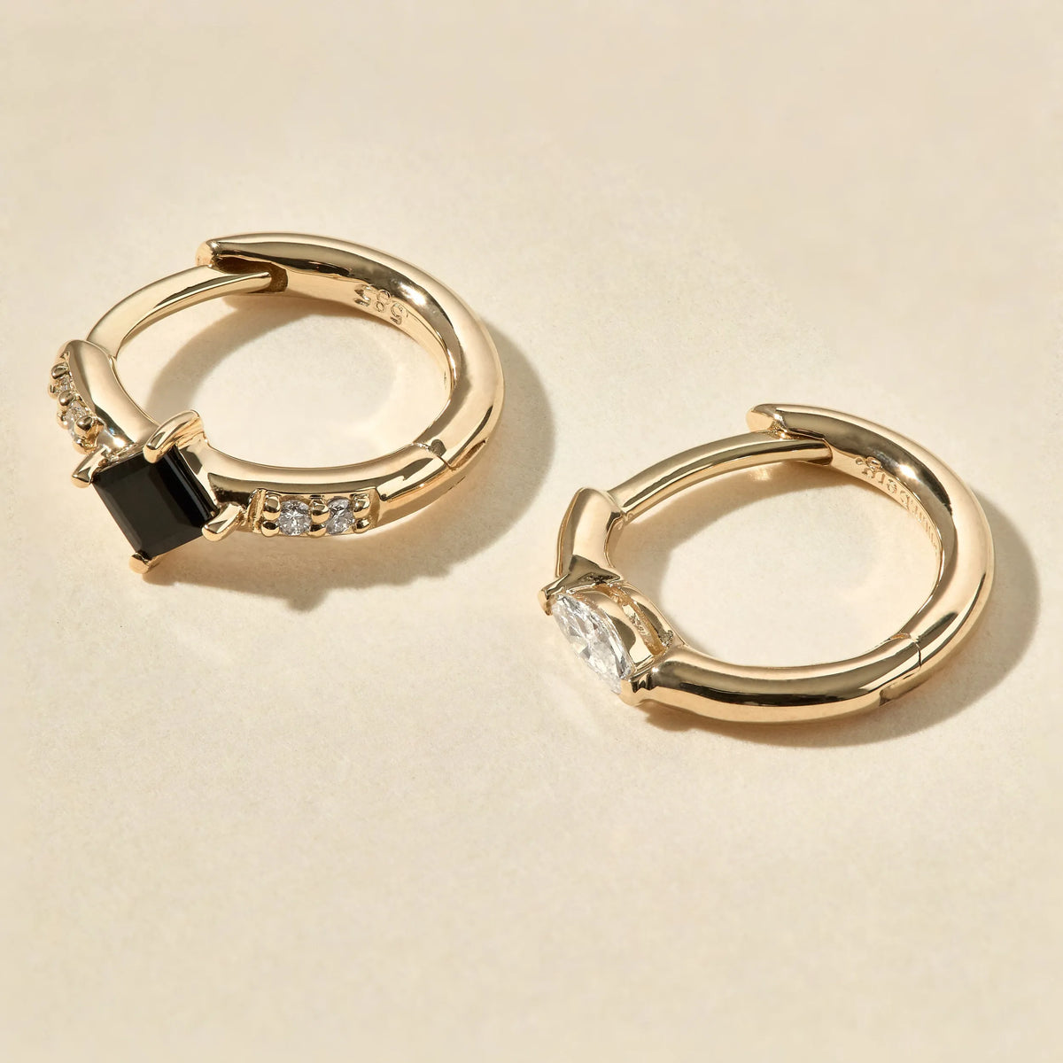 Gold Black Onyx And White Diamond Huggies