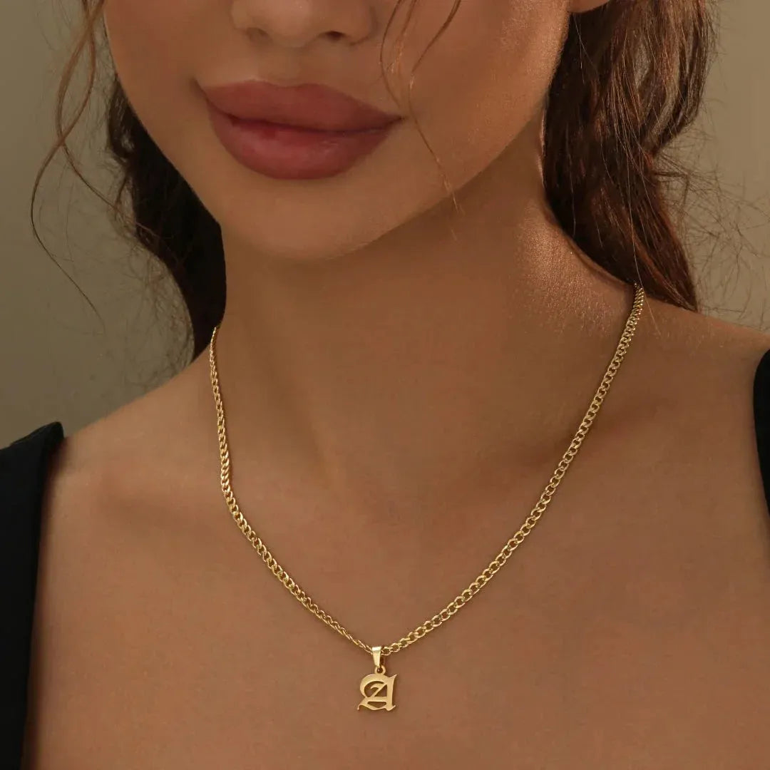 Gothic Initial Cuban Chain Necklace