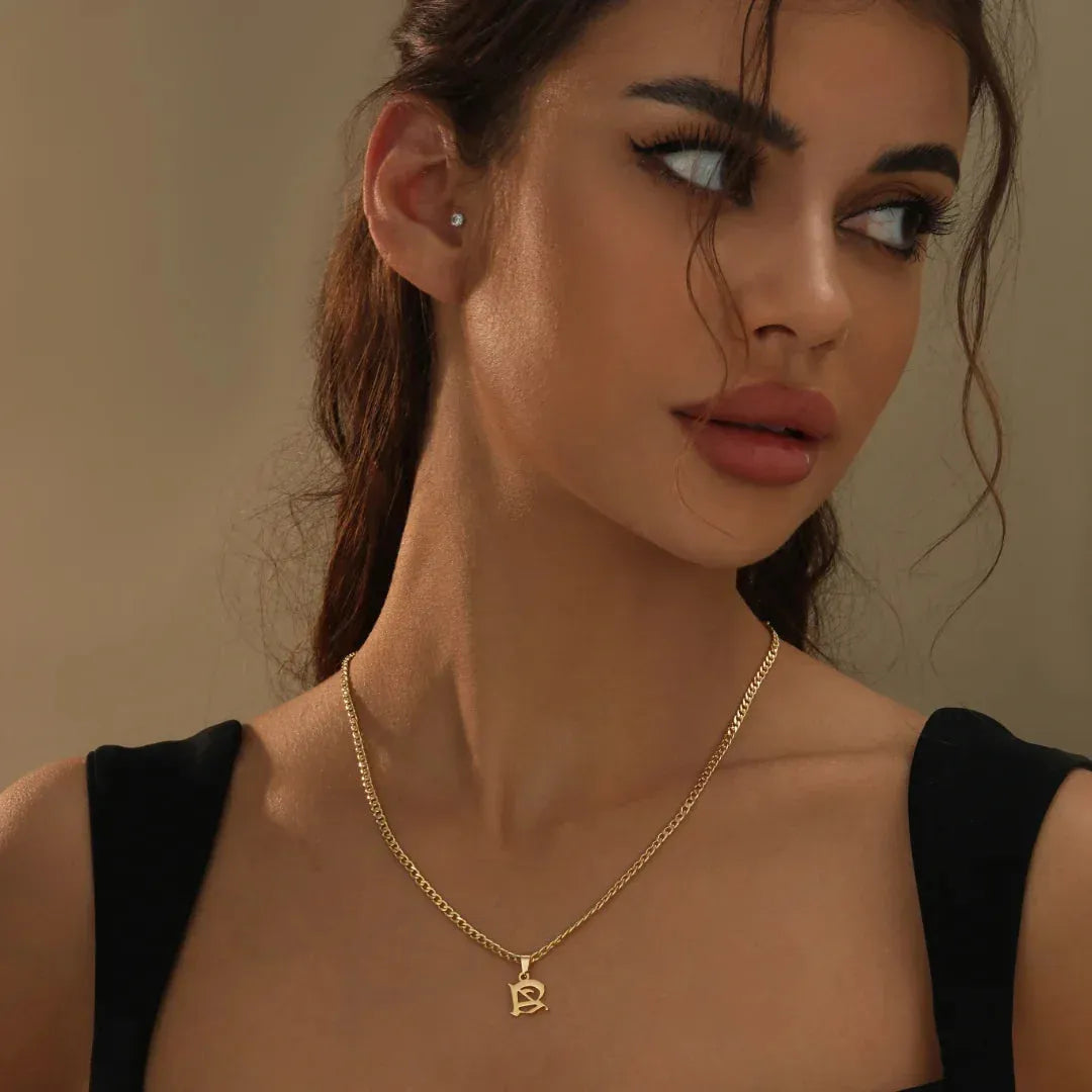 Gothic Initial Cuban Chain Necklace