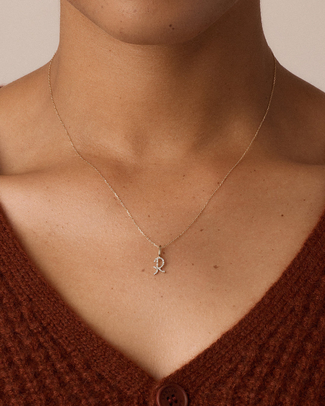 Diamond Script Alphabet Charm Necklace in 14K Gold