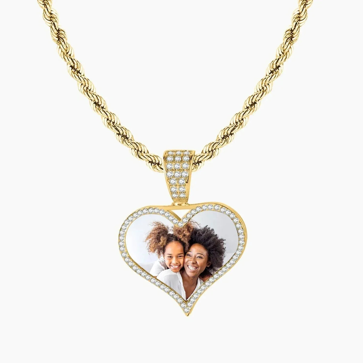 Iced Photo Pendant Rope Chain Necklace