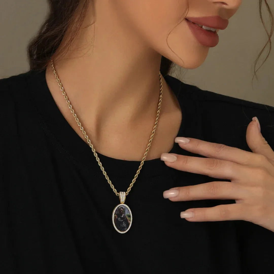 Iced Photo Pendant Rope Chain Necklace