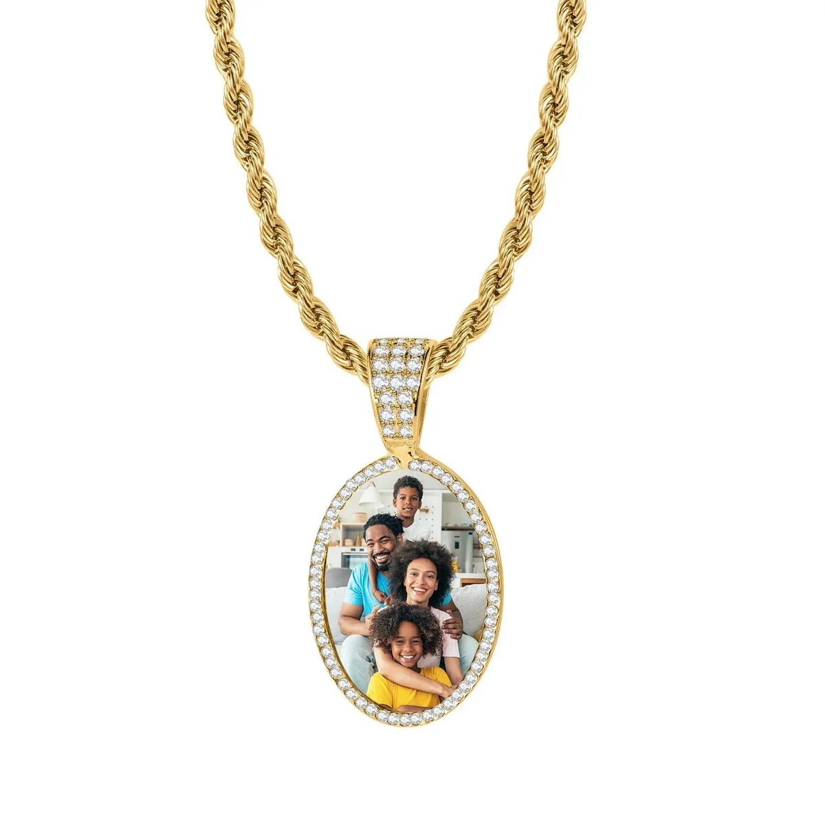 Iced Photo Pendant Rope Chain Necklace