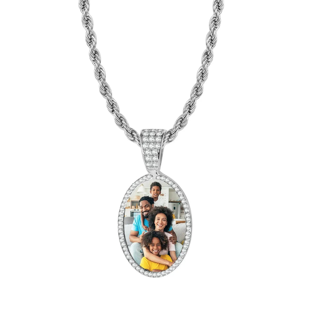 Iced Photo Pendant Rope Chain Necklace