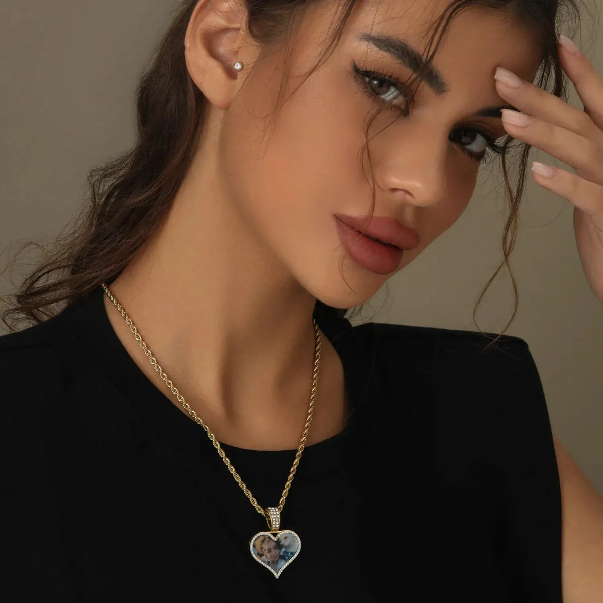Iced Photo Pendant Rope Chain Necklace