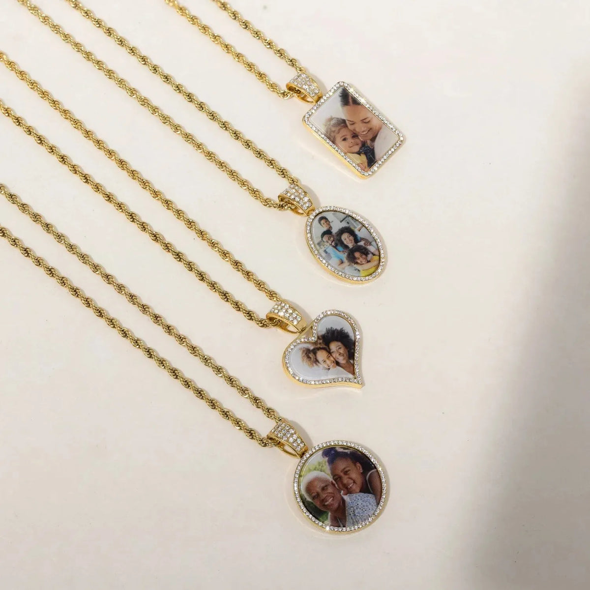Iced Photo Pendant Rope Chain Necklace