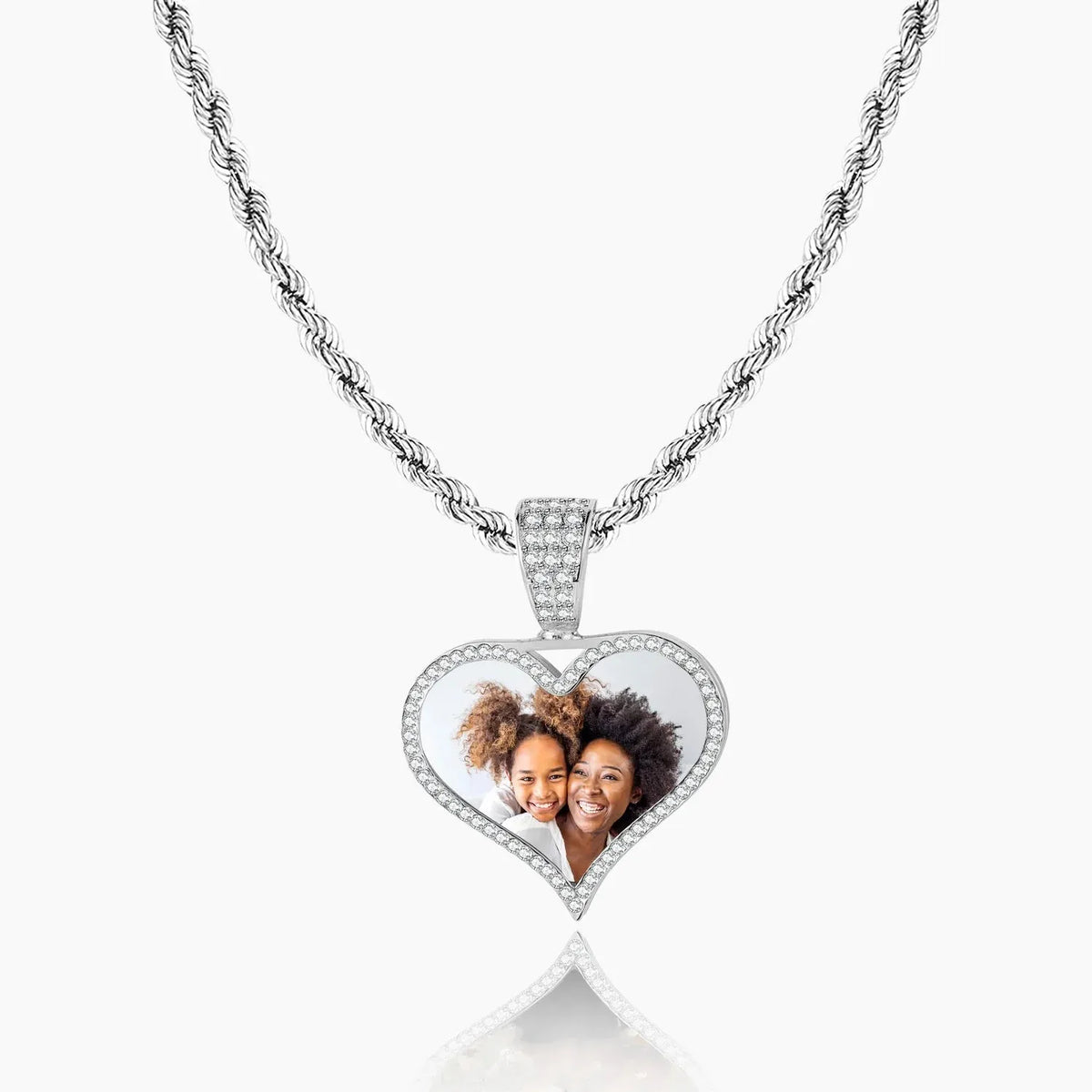 Iced Photo Pendant Rope Chain Necklace