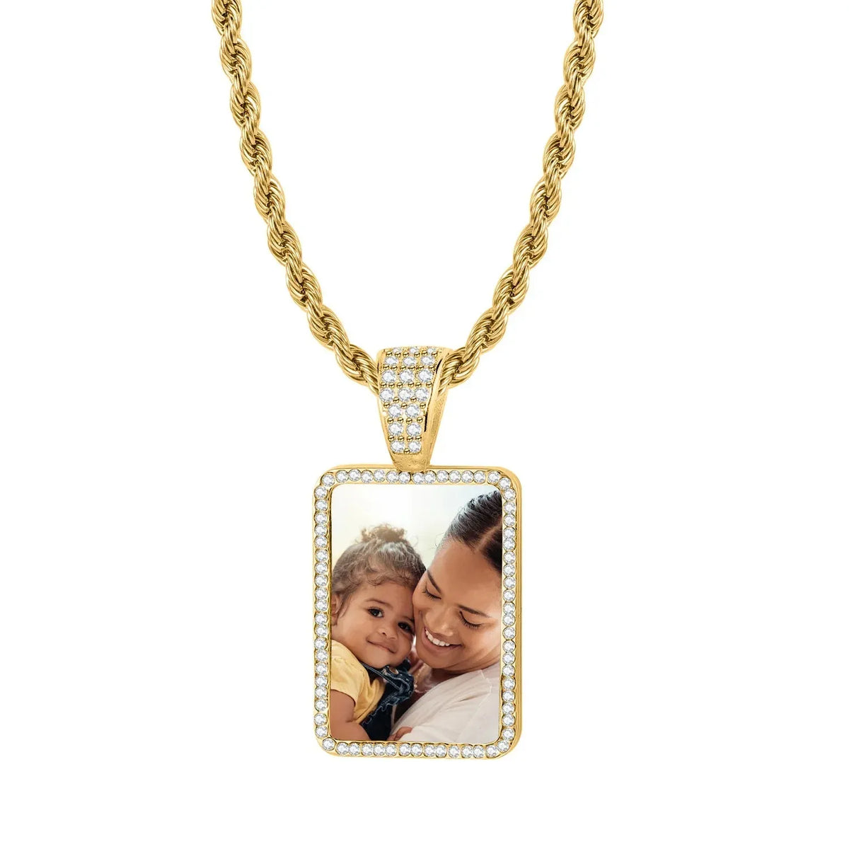 Iced Photo Pendant Rope Chain Necklace