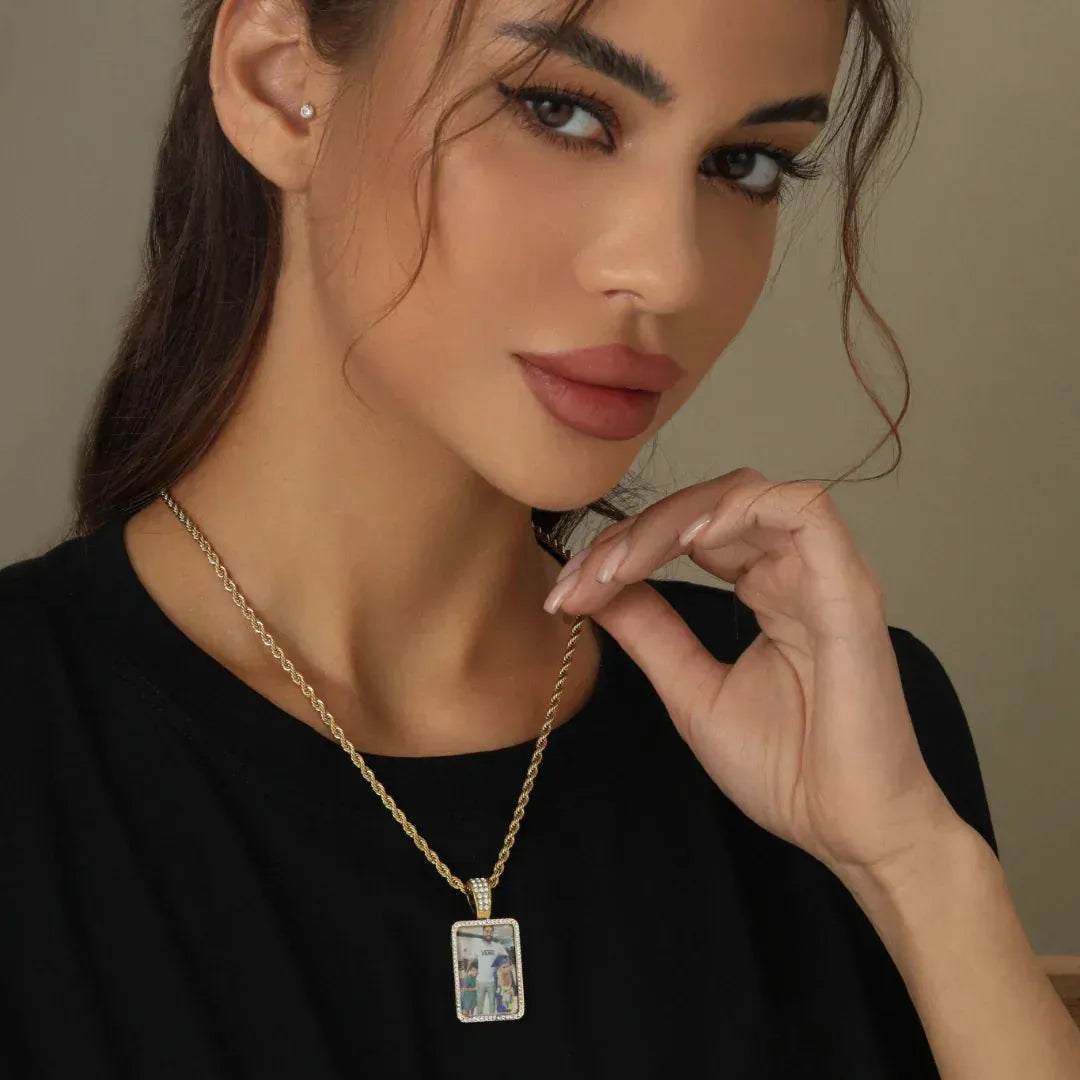 Iced Photo Pendant Rope Chain Necklace