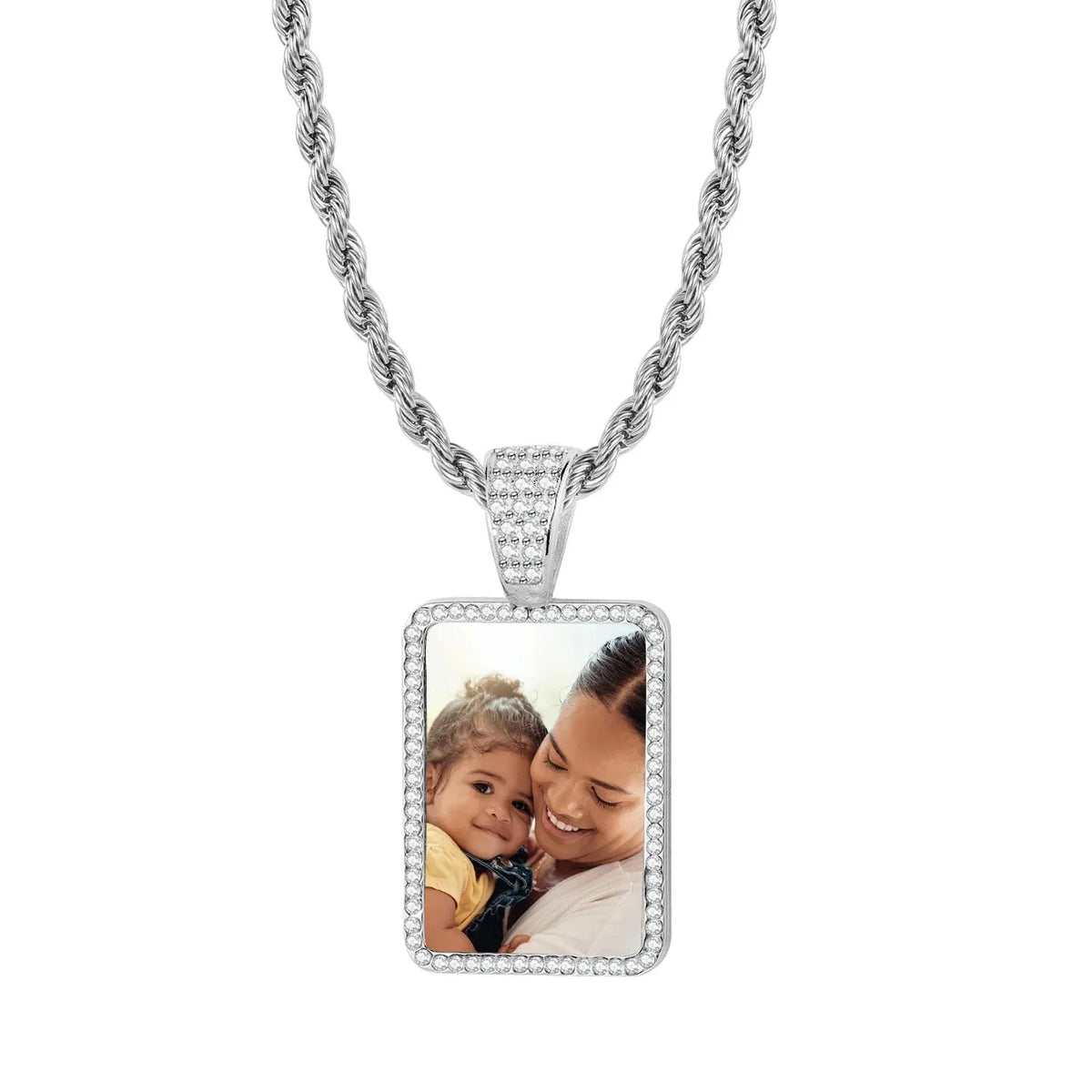 Iced Photo Pendant Rope Chain Necklace