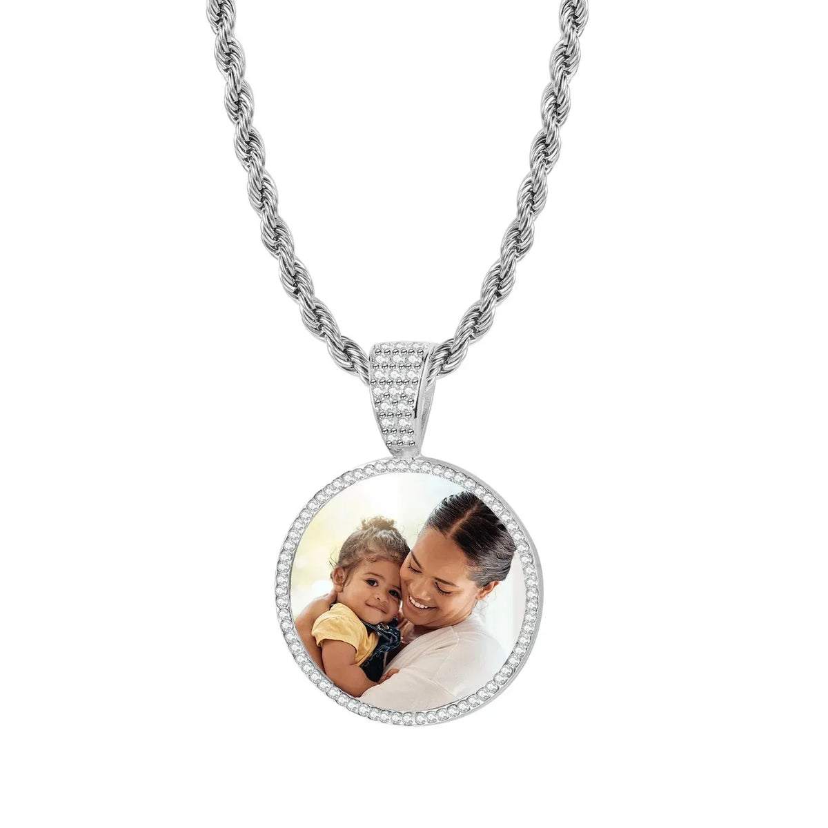 Iced Photo Pendant Rope Chain Necklace