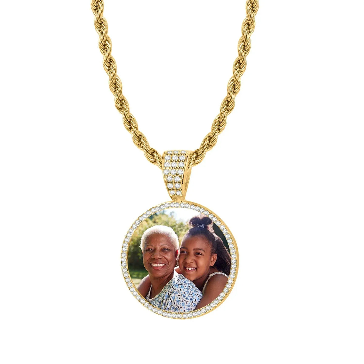 Iced Photo Pendant Rope Chain Necklace