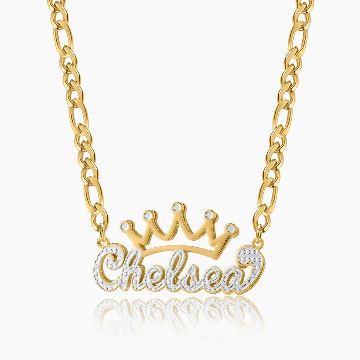 Kids Double Plated Crown Name Necklace with Figaro Chain