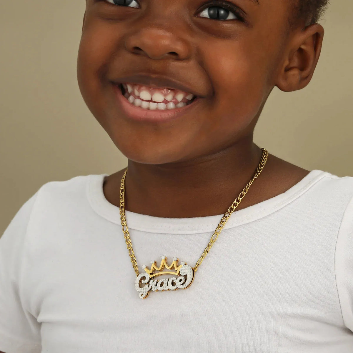 Kids Double Plated Crown Name Necklace with Figaro Chain