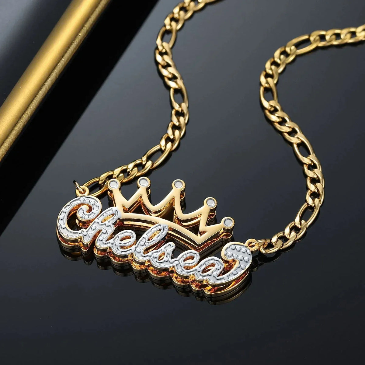 Kids Double Plated Crown Name Necklace with Figaro Chain