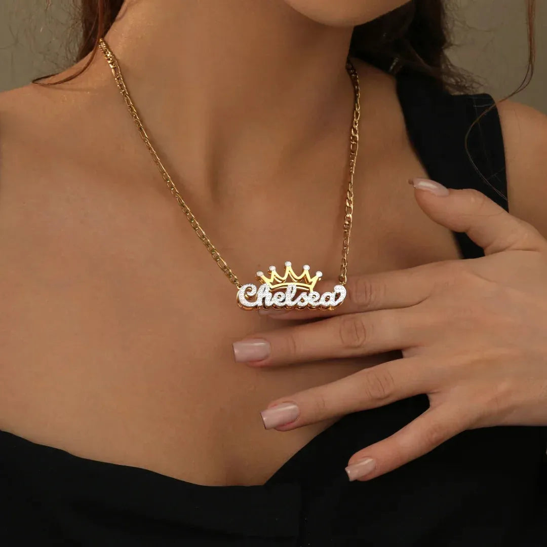 Kids Double Plated Crown Name Necklace with Figaro Chain