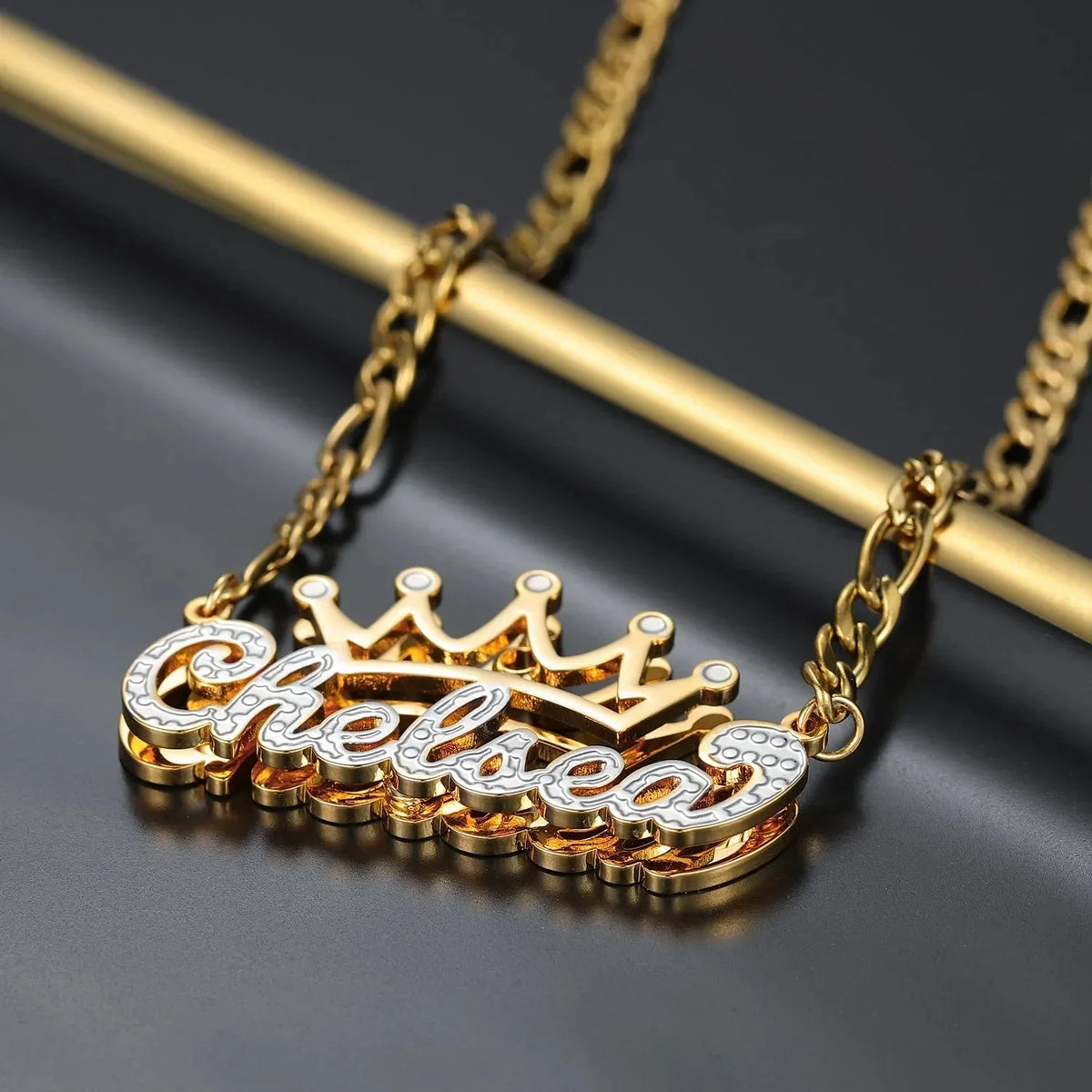 Kids Double Plated Crown Name Necklace with Figaro Chain