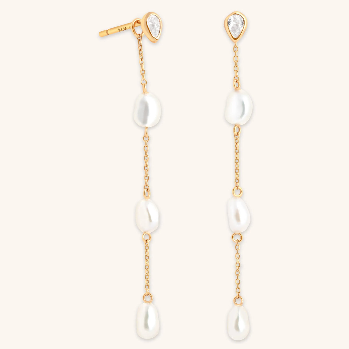 Pearl Chain Drop Studs in Gold