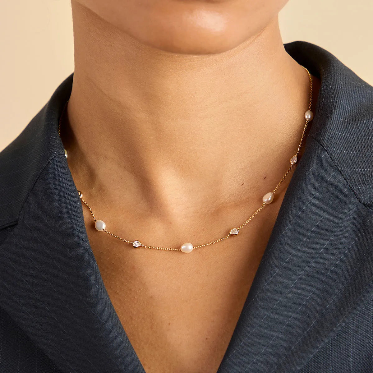 Pearl & Crystal Charm Necklace in Gold