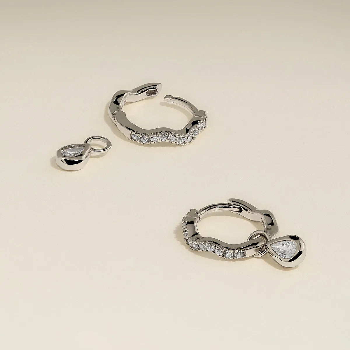 Scalloped Crystal Charm Huggies in Silver