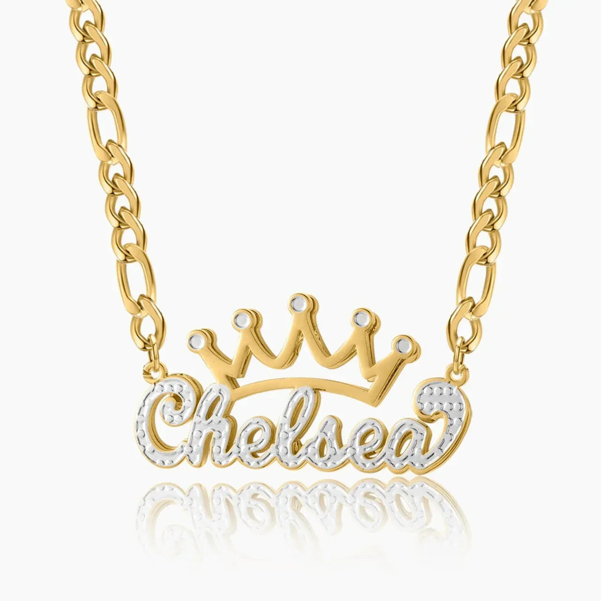 Women's Double Plated Crown Name Figaro Chain Necklace