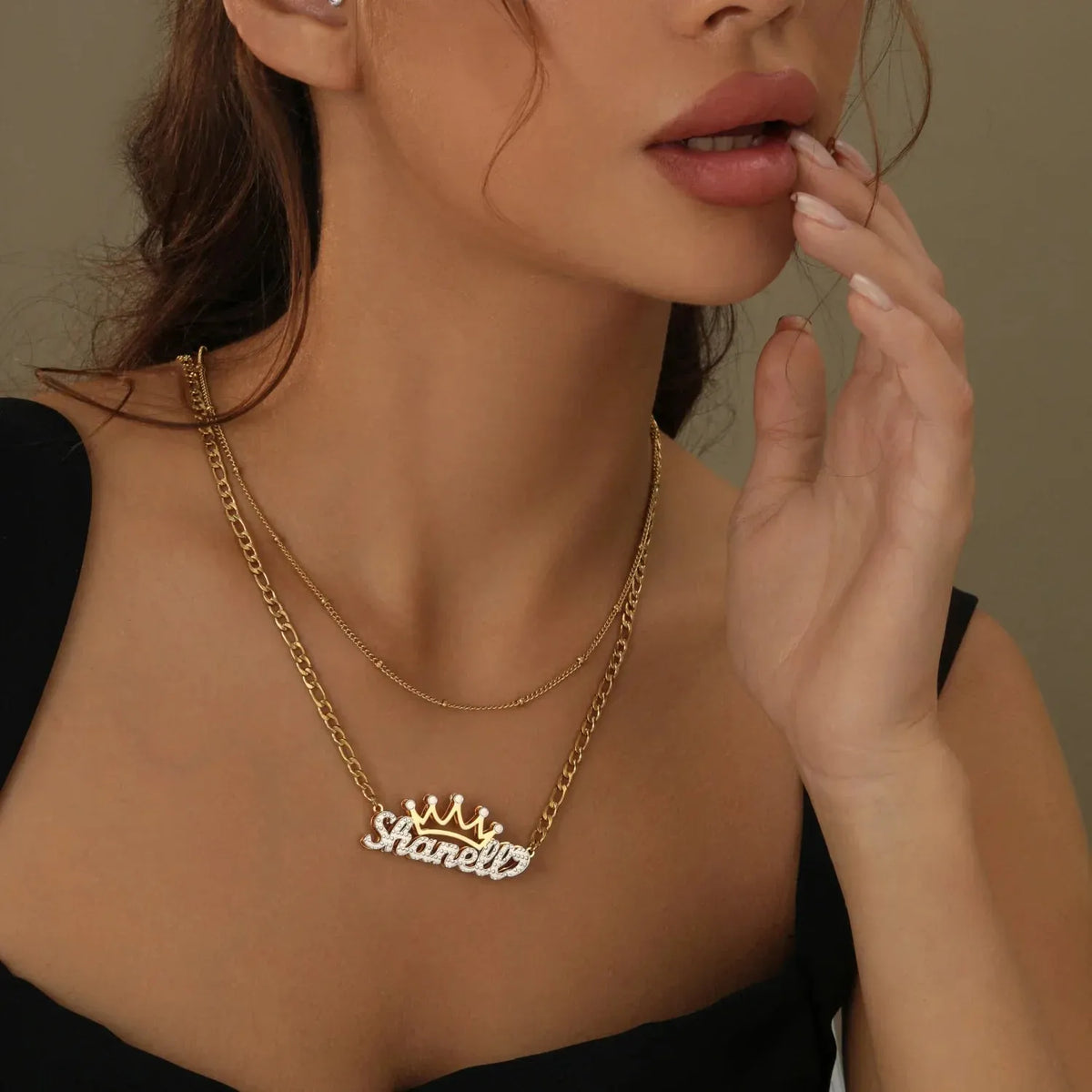 Women's Double Plated Crown Name Figaro Chain Necklace