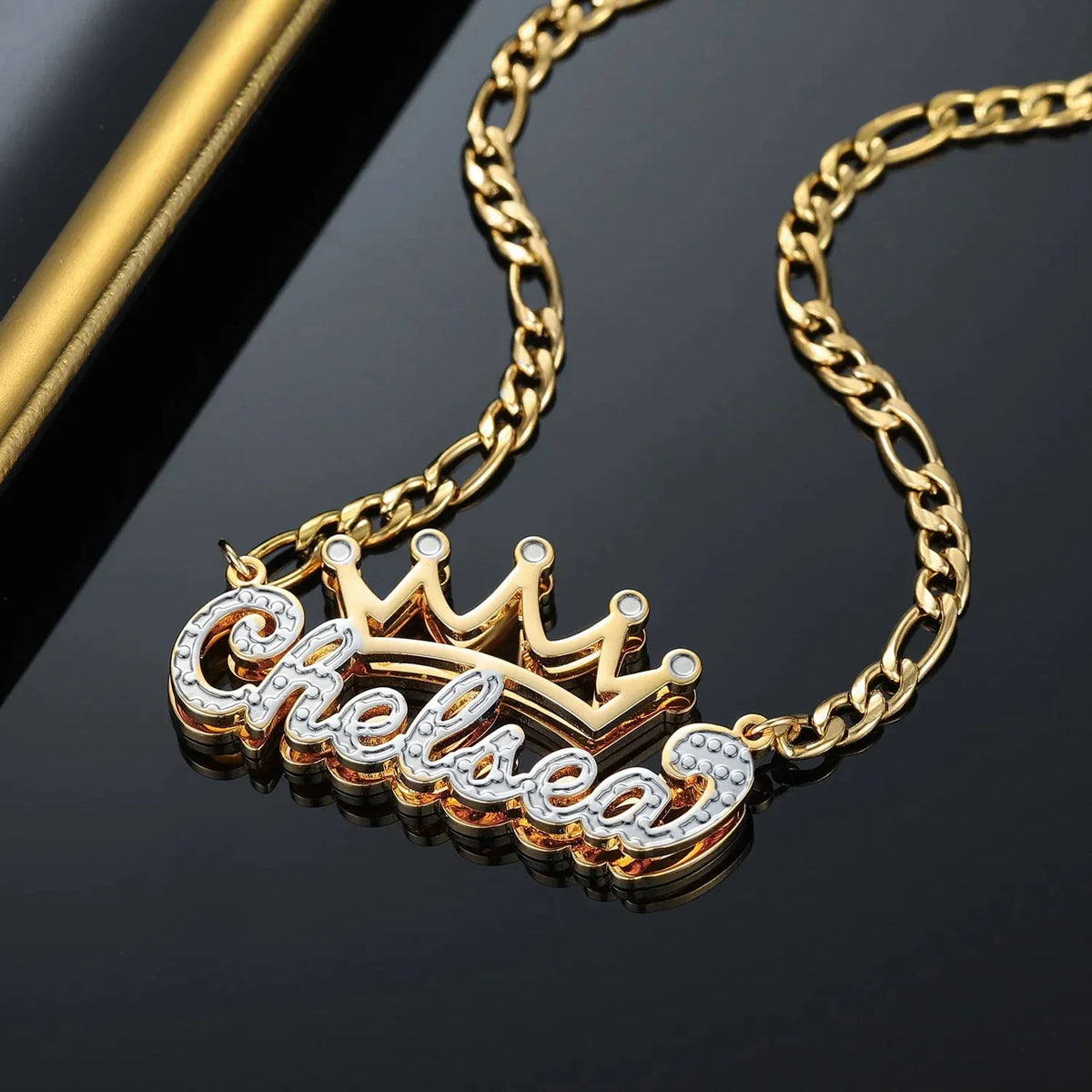 Women's Double Plated Crown Name Figaro Chain Necklace