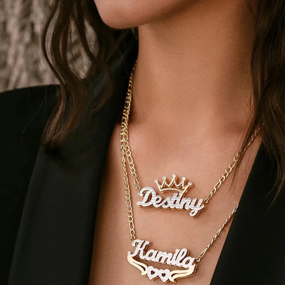 Women's Double Plated Crown Name Figaro Chain Necklace
