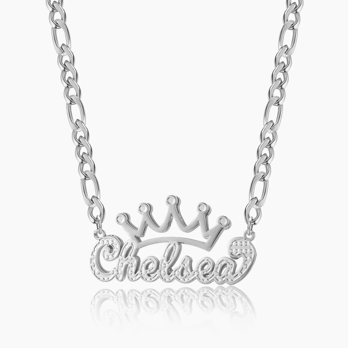 Women's Double Plated Crown Name Figaro Chain Necklace