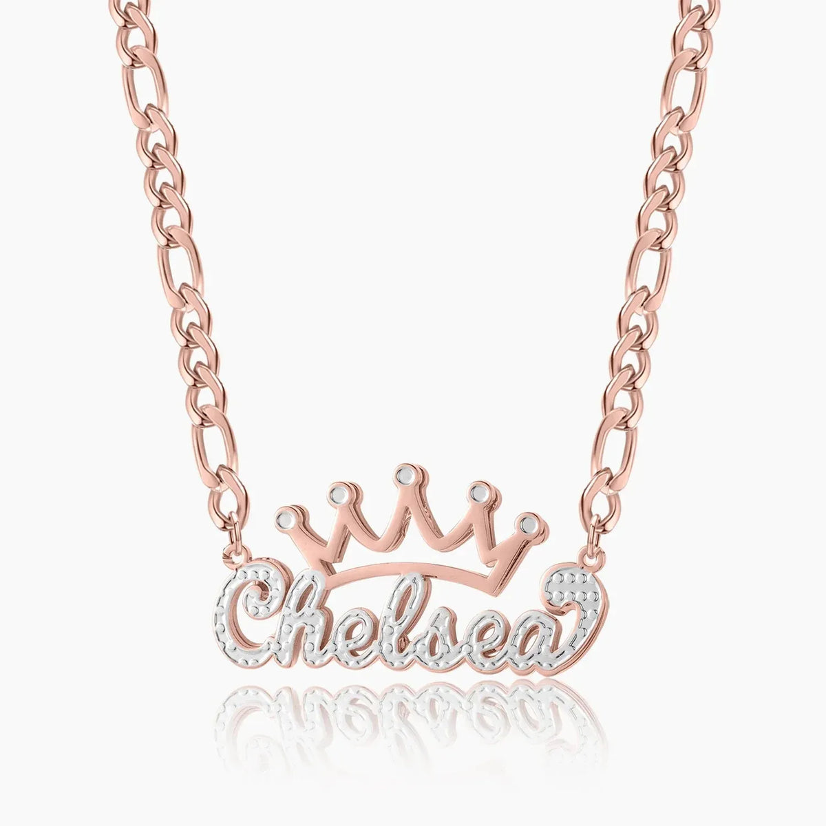 Women's Double Plated Crown Name Figaro Chain Necklace
