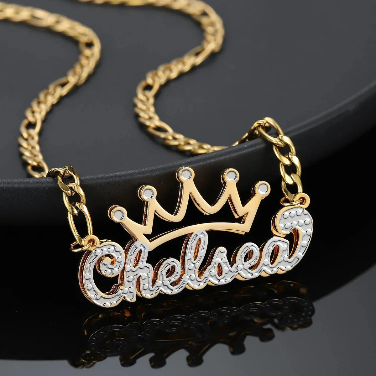 Women's Double Plated Crown Name Figaro Chain Necklace