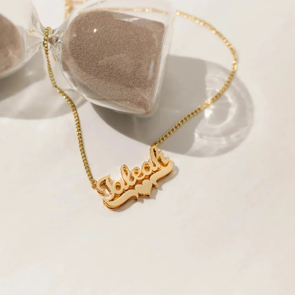 Women's Double Plated Heart Name Cuban Chain Necklace
