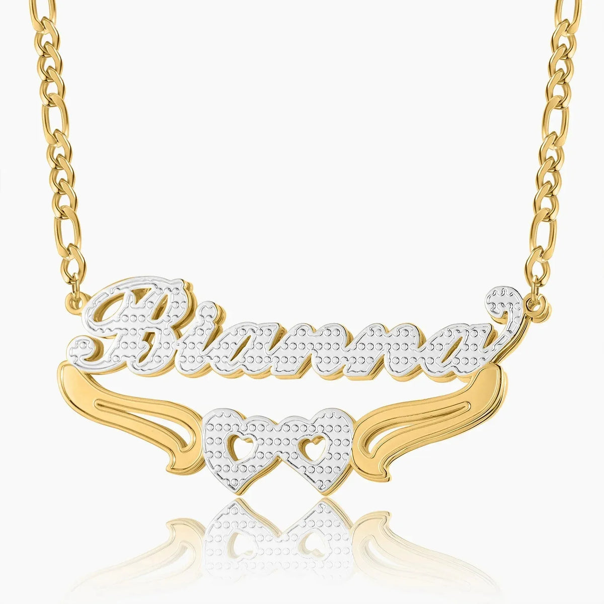 Women's Double Plated Hearts Name Figaro Chain Necklace