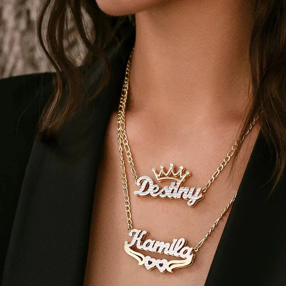 Women's Double Plated Hearts Name Figaro Chain Necklace