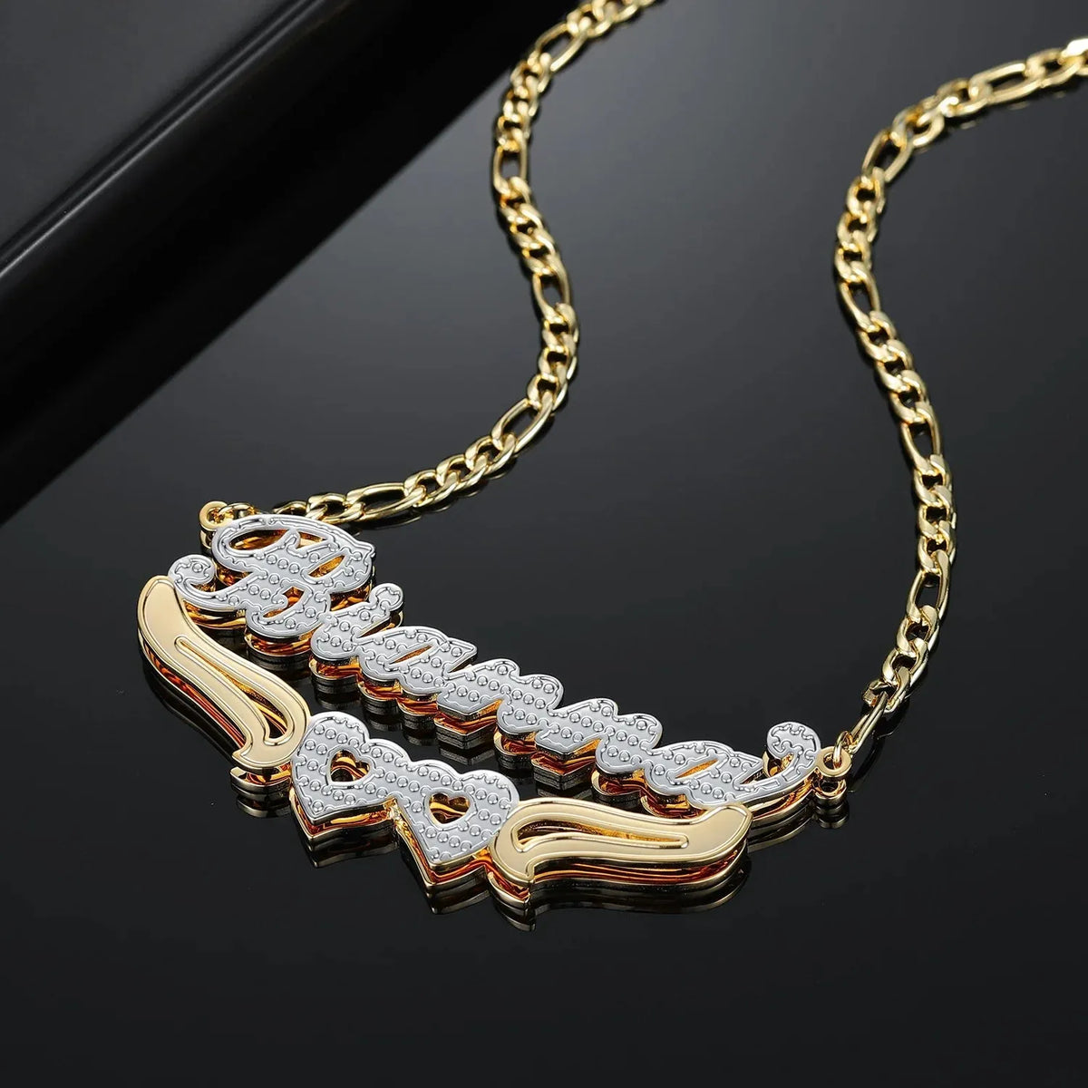 Women's Double Plated Hearts Name Figaro Chain Necklace