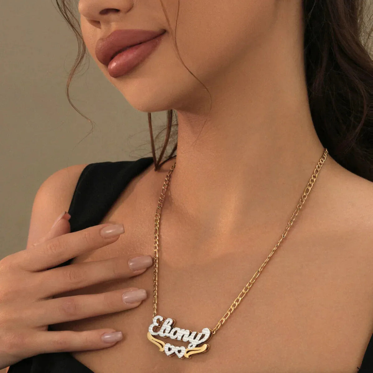 Women's Double Plated Hearts Name Figaro Chain Necklace