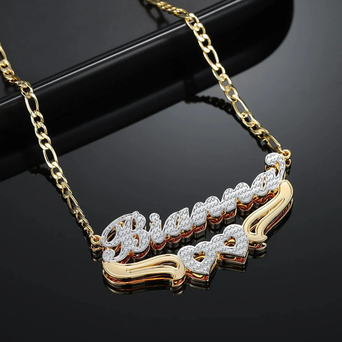Women's Double Plated Hearts Name Figaro Chain Necklace