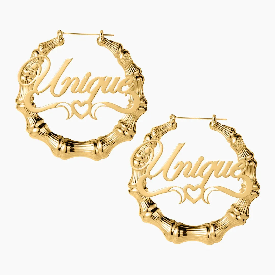 Women's Heart Outline Bamboo Name Hoop Earrings