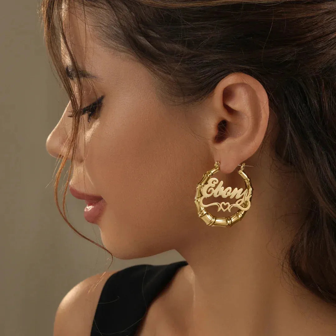 Women's Heart Outline Bamboo Name Hoop Earrings