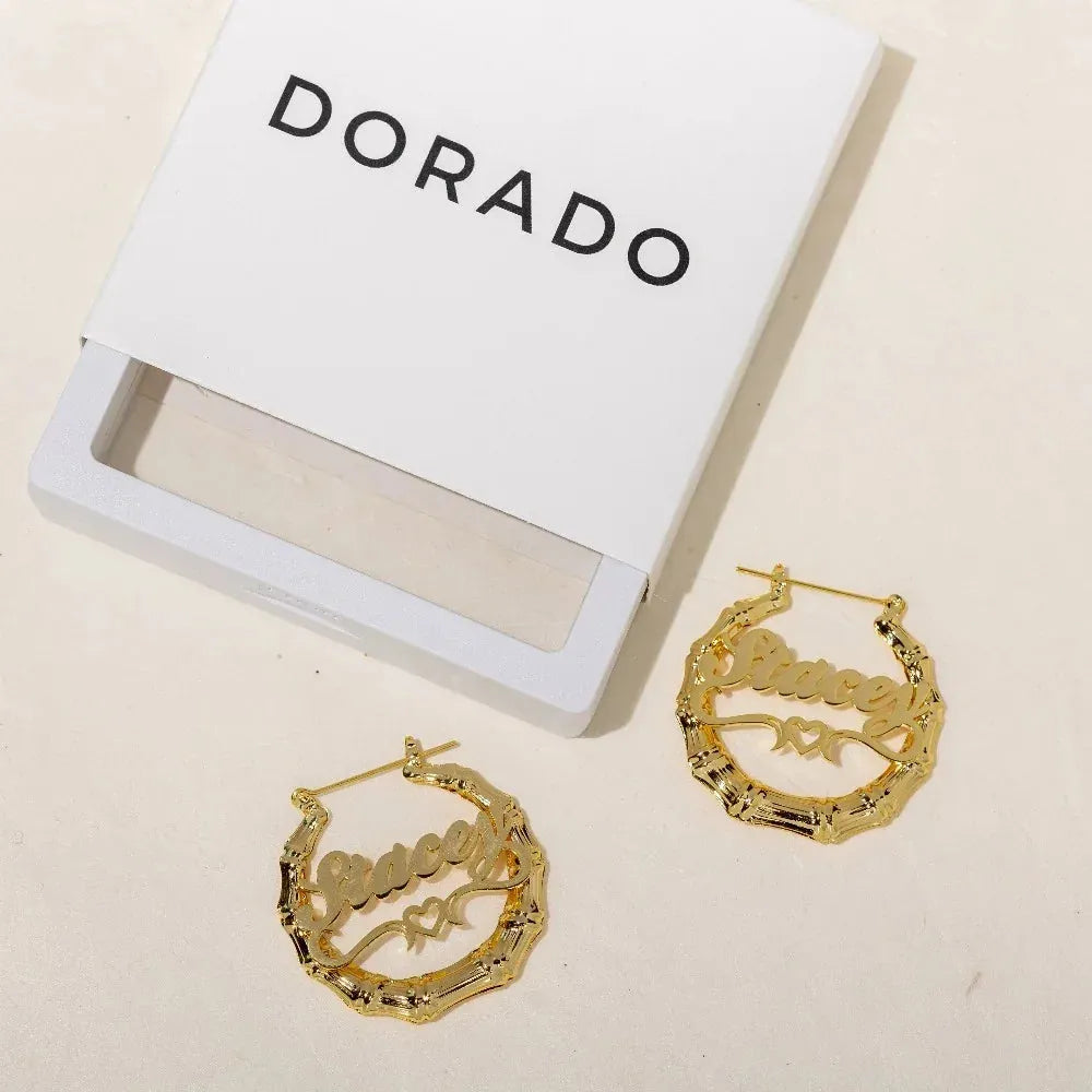 Women's Heart Outline Bamboo Name Hoop Earrings
