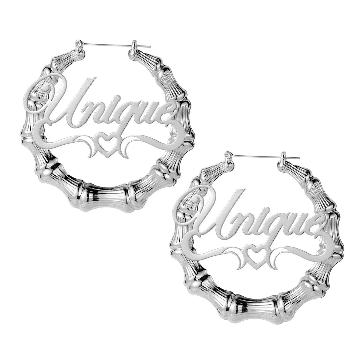 Women's Heart Outline Bamboo Name Hoop Earrings
