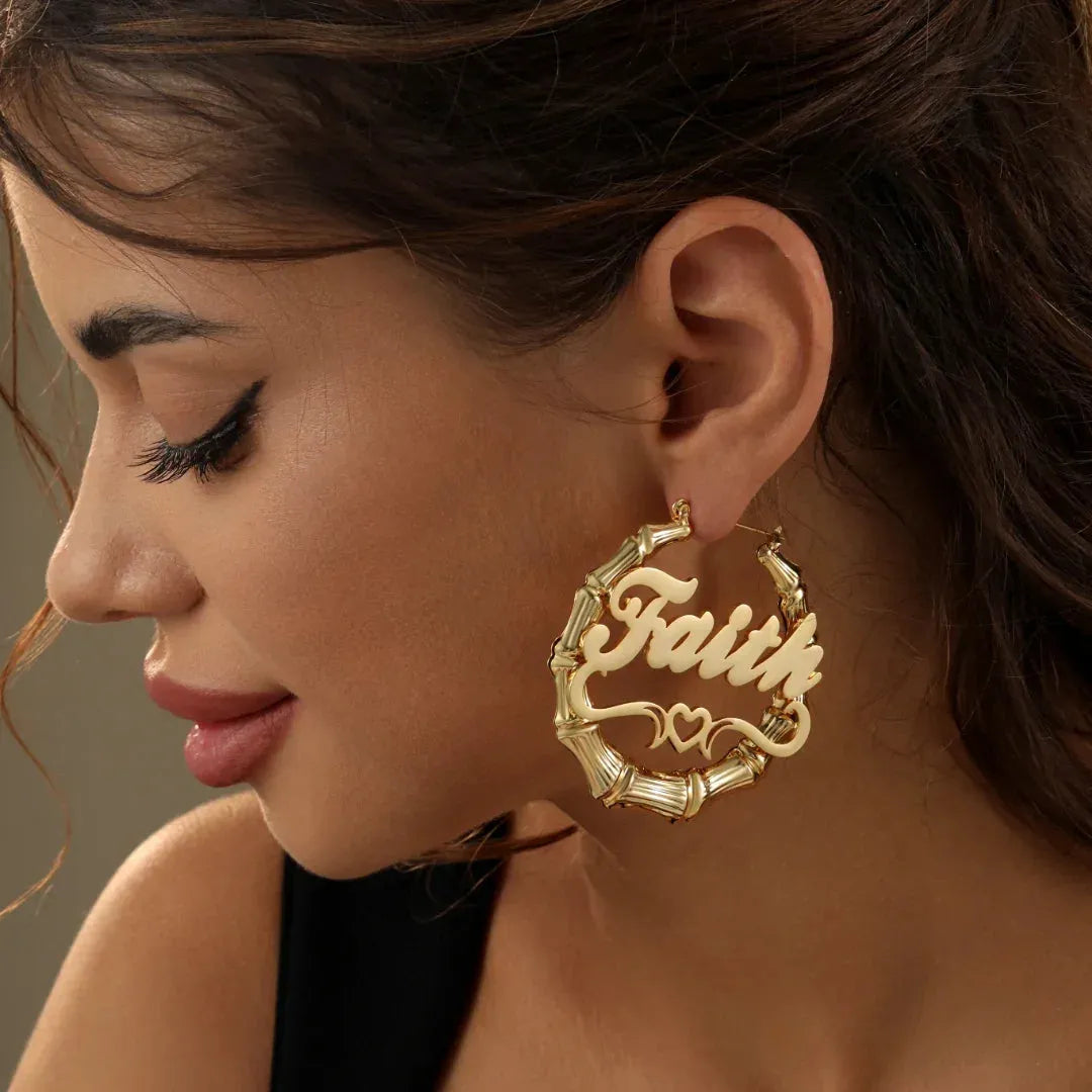 Women's Heart Outline Bamboo Name Hoop Earrings