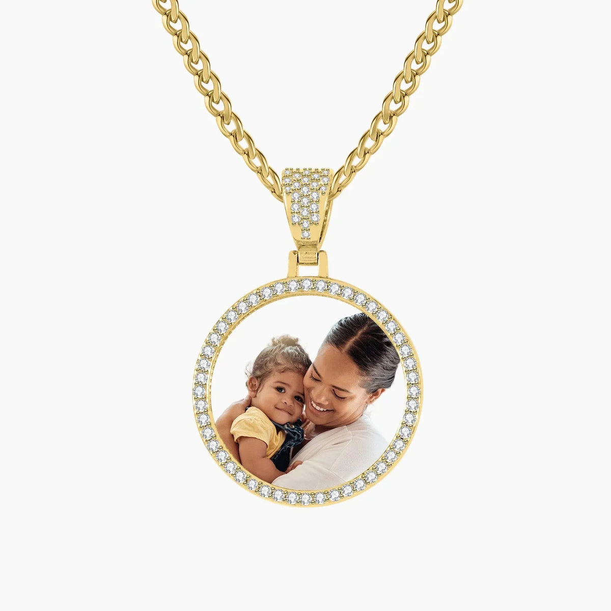 Women's Iced Circle Photo Pendant Necklace