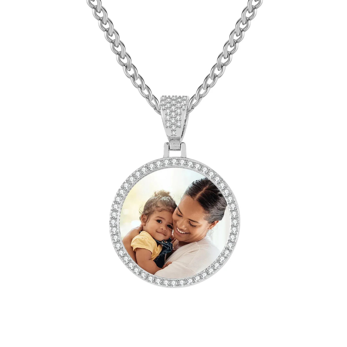 Women's Iced Circle Photo Pendant Necklace